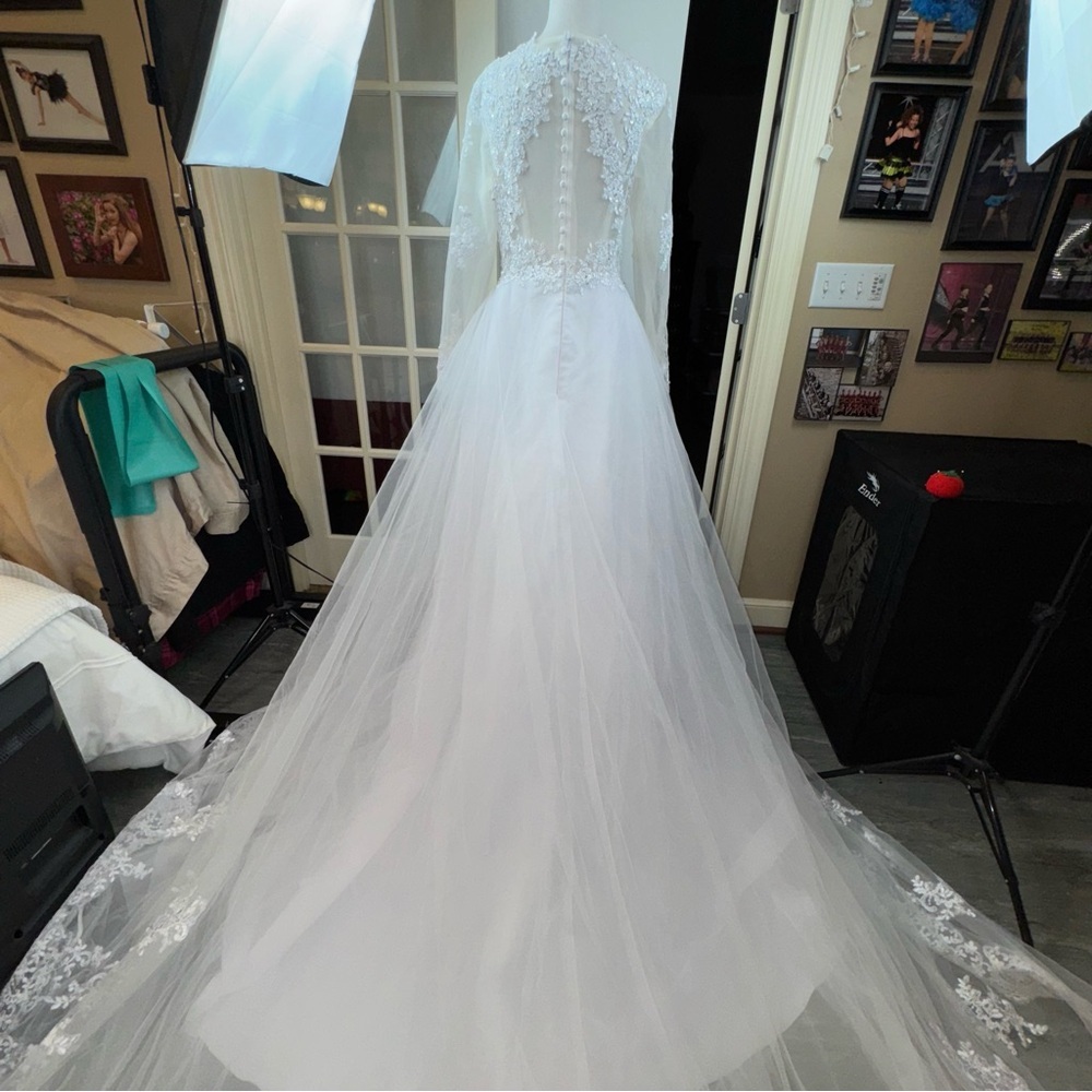 A-Line Long Sleeves Lace Tulle Court Train Wedding Dress - Picture 16 of 17